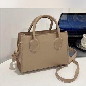 Structured Beige Leatherette Top-Handle Tote with Crossbody Strap